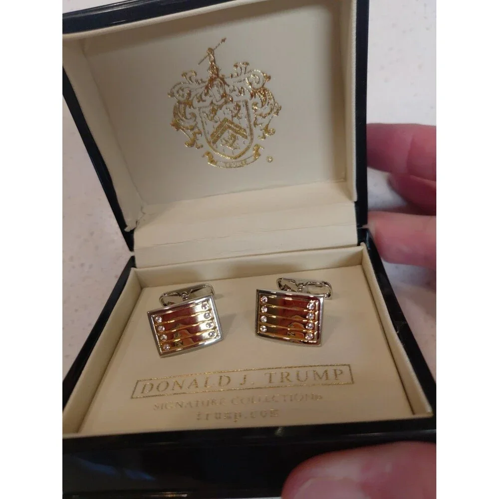 Donald J. Trump Signature Collection Gold Tone Crystal Cufflinks in original box